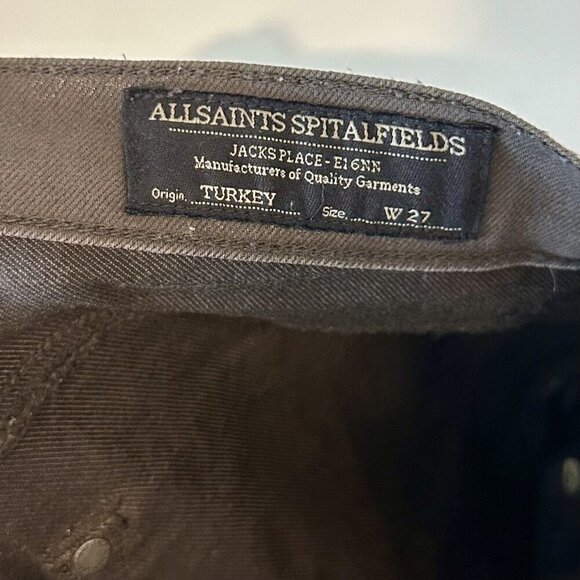 AllSaints Spitalfields Chocolate Brown Wax Coated Zipper Skinny Jeans - Size 27 - Picture 2 of 9